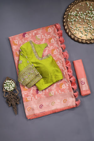 Beautiful Banarasi Silk Saree in peach and green combo
