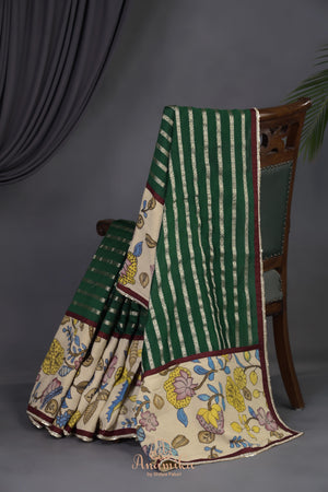 Emerald Green chanderi saree with hand painted kalamkari border