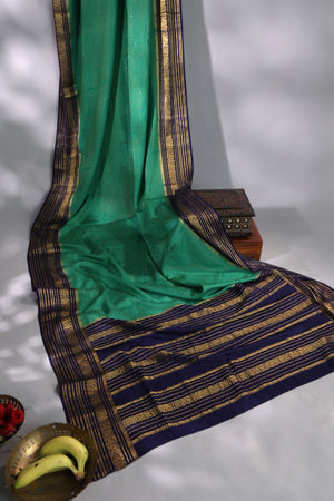 Gorgeous Mysore Silk Saree in green with  a contrast blue border