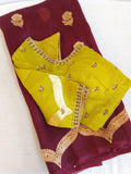 Raw mango organza saree in a unique brown and mustard green combo