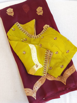 Raw mango organza saree in a unique brown and mustard green combo