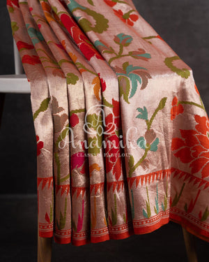 Orange Tusser Georgette saree with all over floral and paithani weave