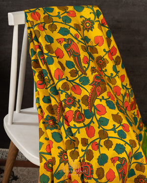 Yellow Gadwal saree with pen kalamkari print