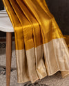 Gorgeous Golden Mustard Kanchipattu saree with contrast off white border