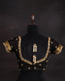 Orange mysore crepe silk saree with a stunning blouse pattern