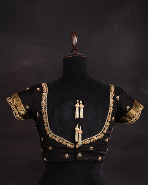 Orange mysore crepe silk saree with a stunning blouse pattern