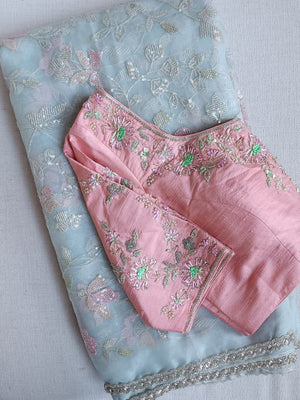 Light pastel blue pure organza saree with all over work