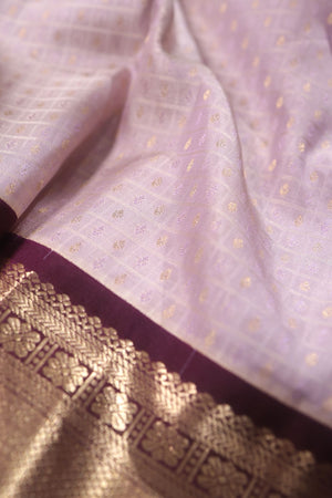 Kanchipattu saree in a lovely shade of light peach with a contrast dark maroon border