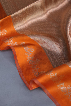 Banarasi brocade tissue saree in champagne with a beautiful light orange border