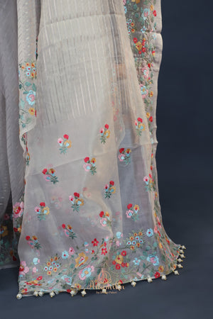 Organza saree in white with embroidered border