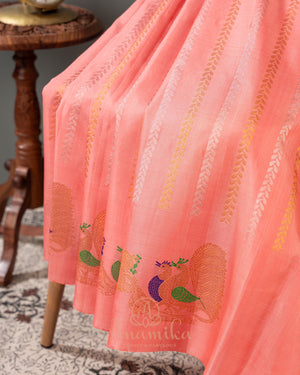 Peach Gadwal saree with peacock motifs