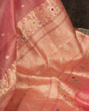 Blush peach Banarasi kora silk saree with pearl work blouse