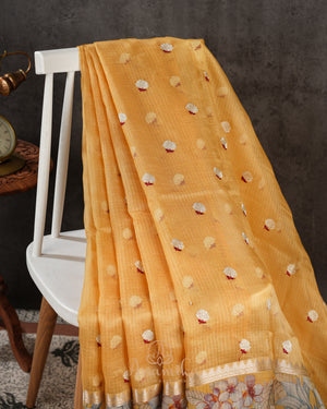 Yellow Organza Saree with Floral Printed Border
