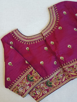 Peacock Green Gadwal Kanchi Saree with a magenta pink border