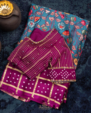 Kalamkari and Bandini fusion on modal silk