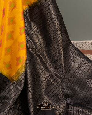 Kanchipuram soft silk saree with Ikkat pattern in yellow/black