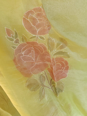 Pure tissue saree with hand painted floral appliq work