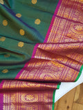 Peacock Green Gadwal Kanchi Saree with a magenta pink border