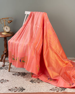 Peach Gadwal saree with peacock motifs