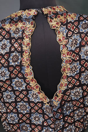 Black Ajrak blouse with intricately designed handwork
