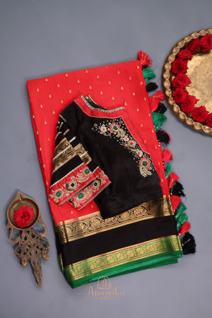 Mysore Silk saree in a stunning shade of red and black