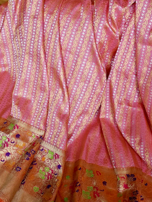 Peach Pink Banarasi saree with beautiful floral meena border