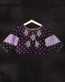 Stunning combo of brown and lavender Kanchipattu saree