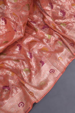 Beautiful Banarasi Silk Saree in peach and green combo