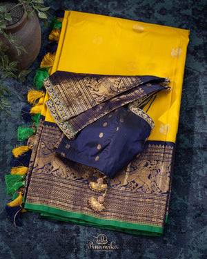 Gadwal Pattu saree in mustard yellow and navy blue