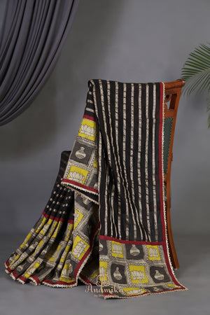 Black Chanderi Silk Saree with hand painted kalamkari border