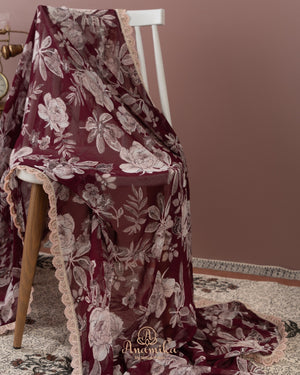 Brown Floral Chinnon saree with a contrast beige handwork blouse