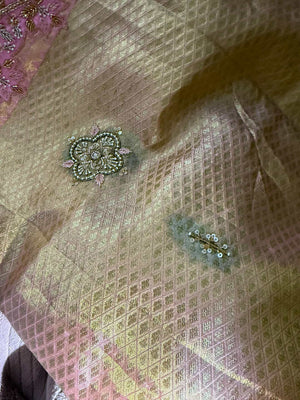 Gold kanjeevaram with contrast pink border and maggam work border