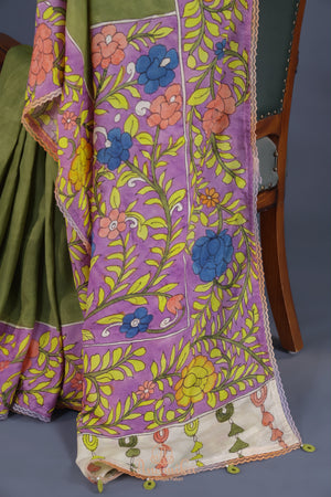Parrot Green falling silk with hand painted kalamkari border