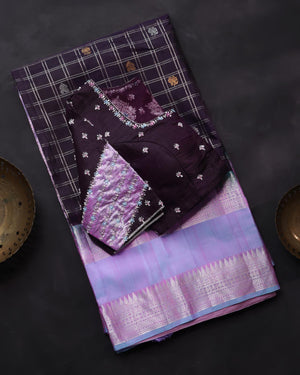 Stunning combo of brown and lavender Kanchipattu saree