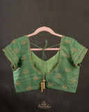 Parrot green blouse in short sleeves with gold zardosi work