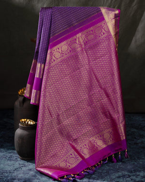 Deep purple Kanchipattu saree with contrast magenta gap border