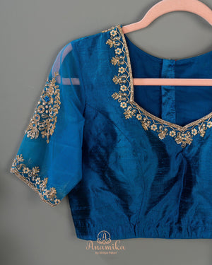 Dark Blue Banarasi Silk Saree with contrast maroon red blouse