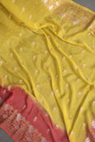Beautiful chinnon silk saree in yellow and peach shade