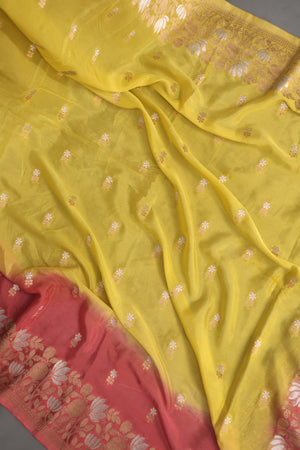 Beautiful chinnon silk saree in yellow and peach shade
