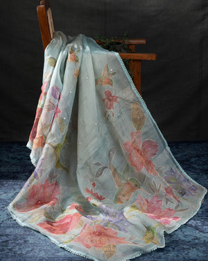 Tissue organza saree with hand painted floral appliq work