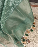 Organza saree in sage green with all over thread embroidery