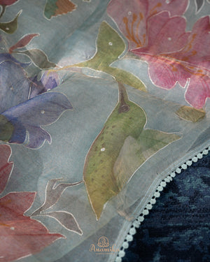 Tissue organza saree with hand painted floral appliq work