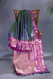 Blue and purple kanjeevaram with floral applique border