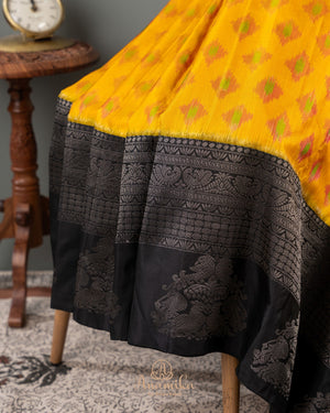 Kanchipuram soft silk saree with Ikkat pattern in yellow/black
