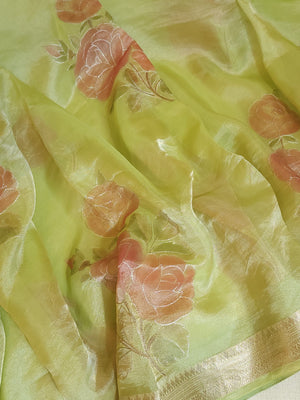 Pure tissue saree with hand painted floral appliq work