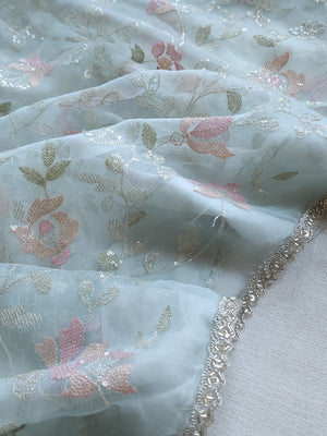 Light pastel blue pure organza saree with all over work