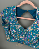 Peacock Blue Satin Organza saree with multi color cutdana work border