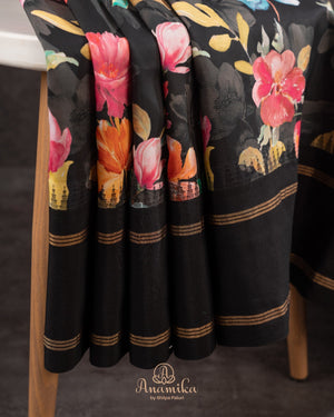 Floral kanchi soft silk saree in lovely black shade