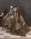 Olive green Handloom Lenin saree with digital floral prints