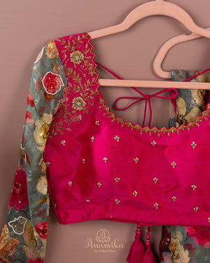 Grey Floral Chinnon saree with a contrast handwork blouse